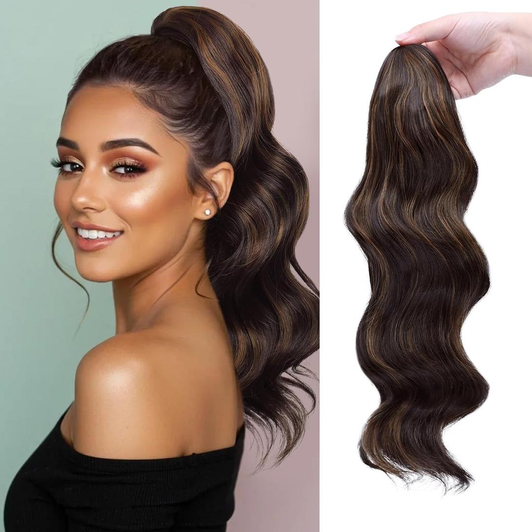 Claw Clip Ponytail Extension,20 Inch Dark Brown Curly Wavy Ponytail Claw Clip in Hair Extension for Women Fluffy Natural Looking Synthetic Hairpiece for Daily Use(20 Inch,Dark Brown Mixed Chestnut)