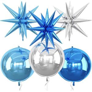 6Pcs Blue Silver Foil Balloons,22Inch Light Blue Silver 4D Round Ball Balloon and Explosion Star Balloon for Birthday Wedding Baby Shower Prom Party Anniversary Decorations