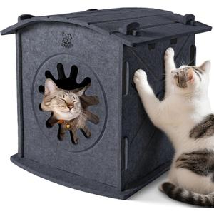 Apasiri Cat Houses for Indoor Cats: Felt Cat House Cave Cathouse, 15x14x15Inch Scratch-Resistant Warm Insulated Covered, Hideaway Tent for Anxiety Relief Gift, Grey