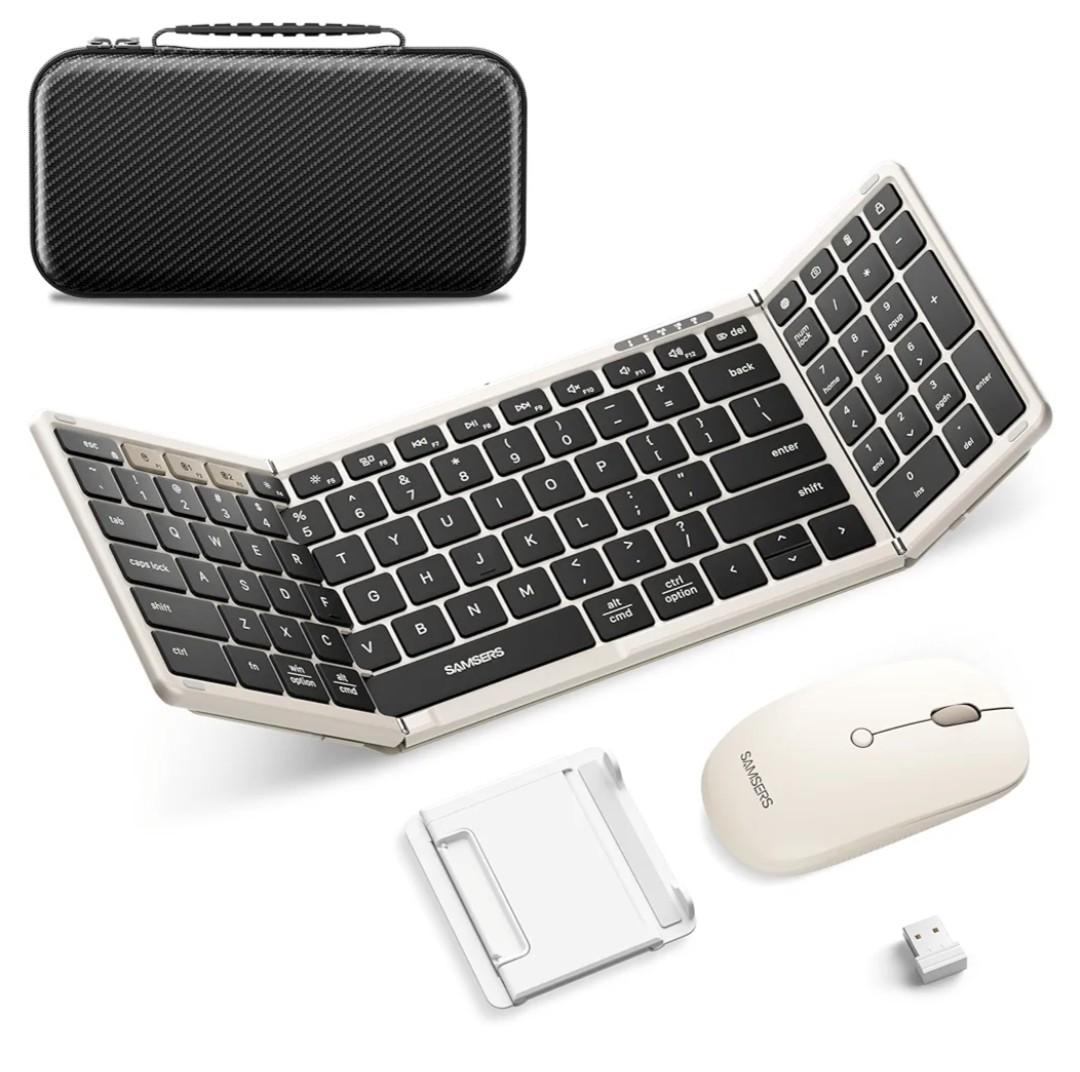 Foldable Keyboard and Mouse, Samsers Folding Bluetooth Keyboard Combo, 2.4G + BT5.0 x 2, Full-Size Portable Travel Keyboard & Rechargeable Wireless Mouse for Windows Android iOS Mac OS, Starlight