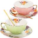 Lyellfe Set of 2 Tea Cup and Saucers, 8 Oz Floral Tea Cups with Gold Trim and Spoon, Porcelain British Coffee Cups for Party Christmas Birthday Wedding Gifts