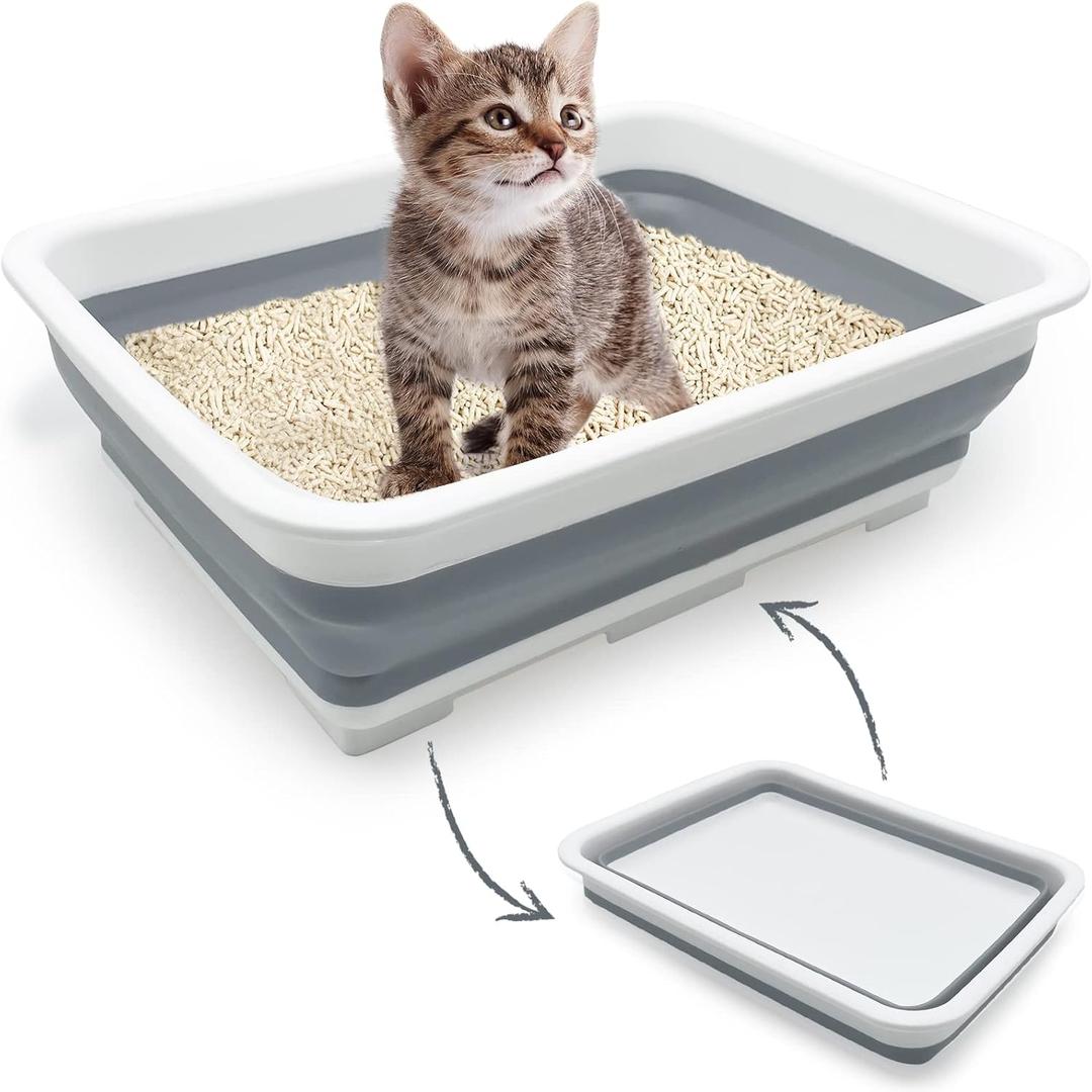 Fhiny Open Cat Litter Box, Kitten Potty Pan Semi-Enclosed Foldable Waterproof Travel Toilet for Indoor Cats Small Pet Kitty Rabbit Supplies Easy to Clean and Assemble 14.6"10.6"