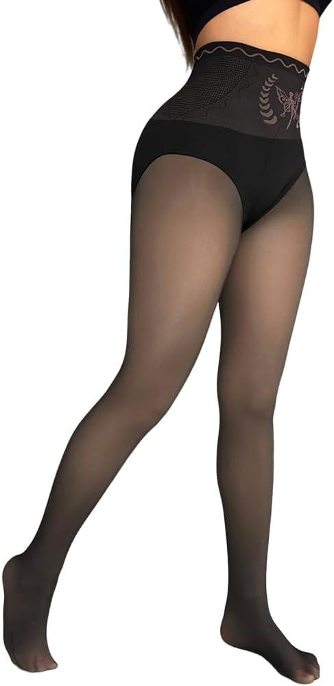 CHICME Womens High Waist Butt Lifting Tights Transparent Thermal Pantyhose Leggings Fleece Lined Pants (One Size, Black)