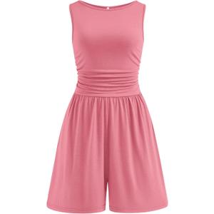 PRETTYGARDEN Summer Rompers for Women 2026 Dressy Casual Sleeveless Short Wide Leg Jumpsuits Beach Vacation One Piece Outfits, Large