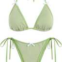 ZAFUL Bikini Sets for Women Halter Bow Decor Tiny Floral Gingham Print Swimsuit Tie Side 2 Pieces Bathing Suit (Green, XS)