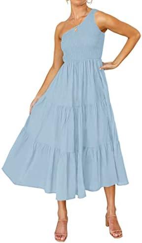 ZESICA Women's 2025 Bohemian Summer Floral Print One Shoulder Sleeveless Smocked Ruffle Tiered Beach Long Midi Dress, Small