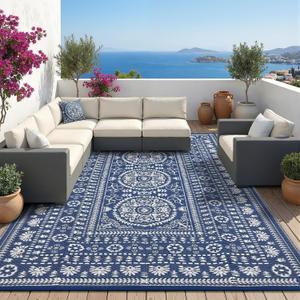 Garvee Reversible Outdoor Rug 6x9 for Patio, Waterproof Outdoor Area Rug, Modern Medallion Indoor Outdoor Rugs, Plastic Straw Rug for RV, Camping, Deck, Vintage Navy