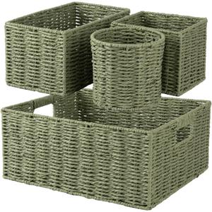 OIAHOMY Wicker Baskets for Organizing, Large and Small Shelf Baskets Set, Handwoven Bins for Storage,Paper Rope Home Organizers, Set of 4-Green