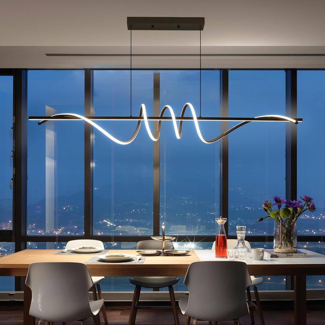 Modern Ceiling Chandelier Light, Acrylic Anti Flicker Pendant Lamp with Remote Control Dimmable 3 Color Mode & Brightness (Warm Cool Neutral Light) for Kitchen BarBlack,57IN