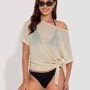 Women's Mesh Sheer Swimsuit Cover Up Short Sleeve Beach Skirt (Beige, L)