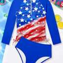 AGAPENG Girls Rash Guard Swimsuit Long Sleeve Swimsuit Two Piece Color Block Ruched Bathing Suit Zip Girls' Swimwear 7-16Y