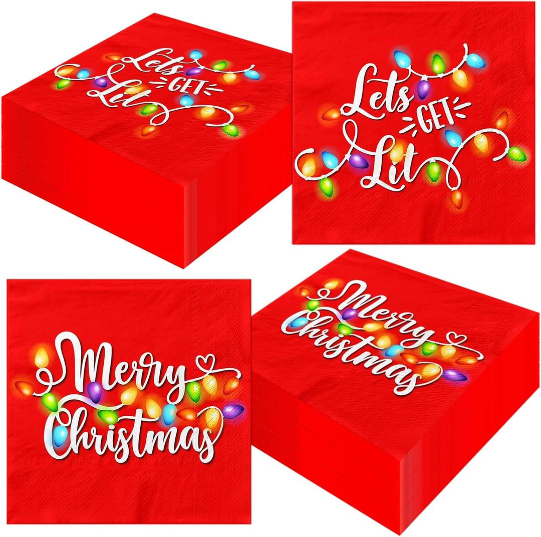 2 x Lets Get Lit Christmas Party Decorations Napkins, 40Pcs Lets Get Lit Napkins Disposable Merry and Bright Lets Get Lit Cocktail Napkins for Friendsmas Christmas Party Decorations