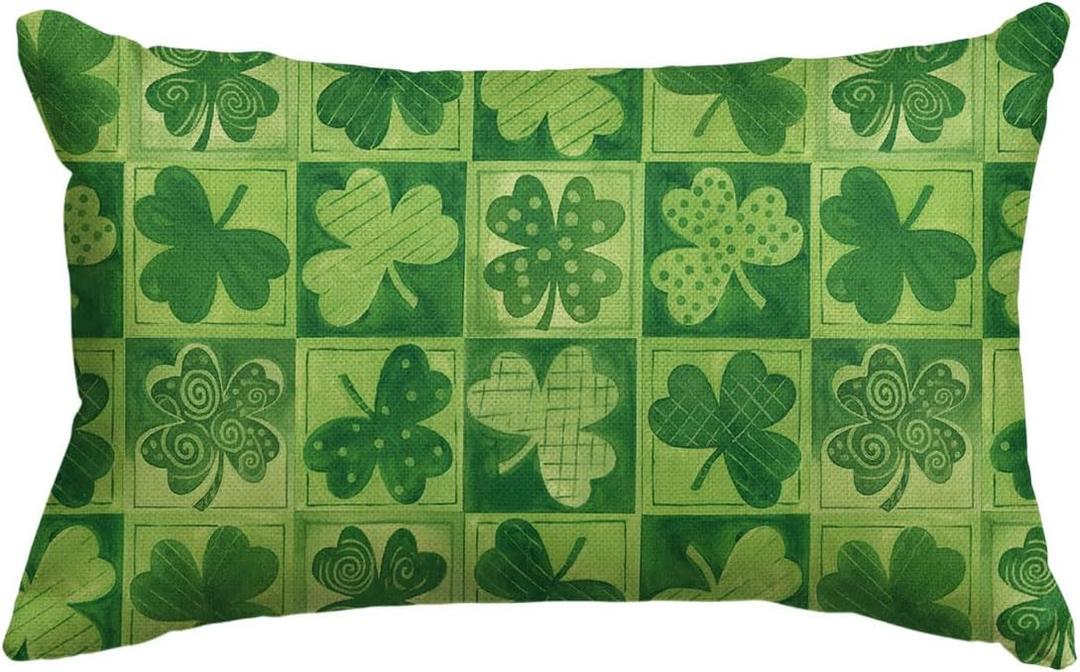 AVOIN colorlife St Patricks Day Clover Polka Dot Green Throw Pillow Cover, 12 x 20 Inch Check Shamrock Cushion Case Decoration for Sofa Couch