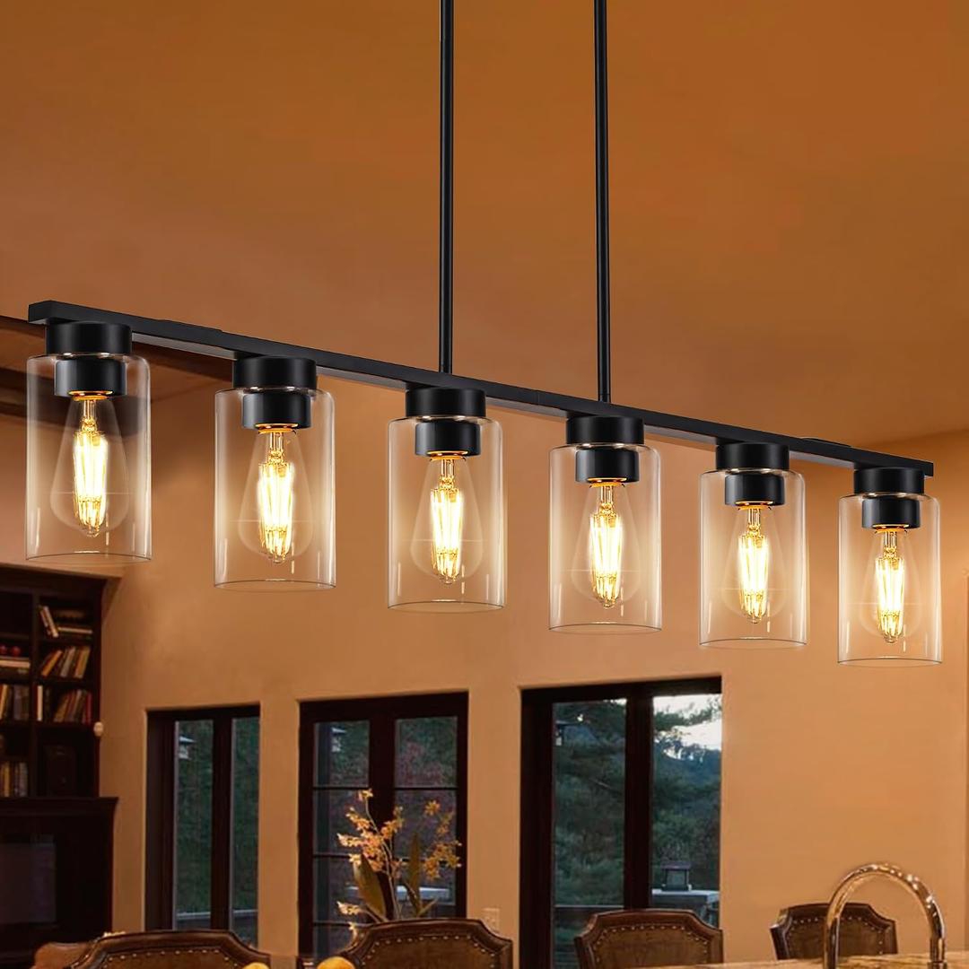 Dining Room Light Fixture Island Lights for Kitchen 6 Light Kitchen Island Light Fixtures Farmhouse Dining Room Light Linear Black Chandeliers for Dining Room Modern Black Pendant Light, Black-43inches
