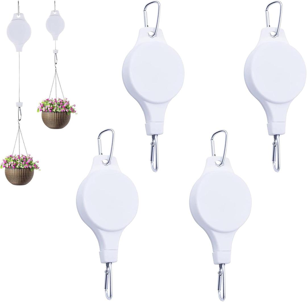 Retractable Plant Hanger with Pulley System, Effortless Raising and Lowering for Indoor and Outdoor Plants, Hanging Planters, Garden Pots & Bird Feeders (4-Pack,White)