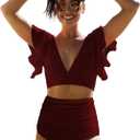 SPORLIKE Women Ruffle High Waist Swimsuit Two Pieces Push Up Tropical Print Bikini (Large, Solid Red)