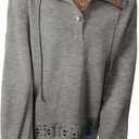 SHEWIN Women's Casual Long Sleeve Sweatshirt Lightweight Button Drawstring Pullover Tops (Gray, XL)