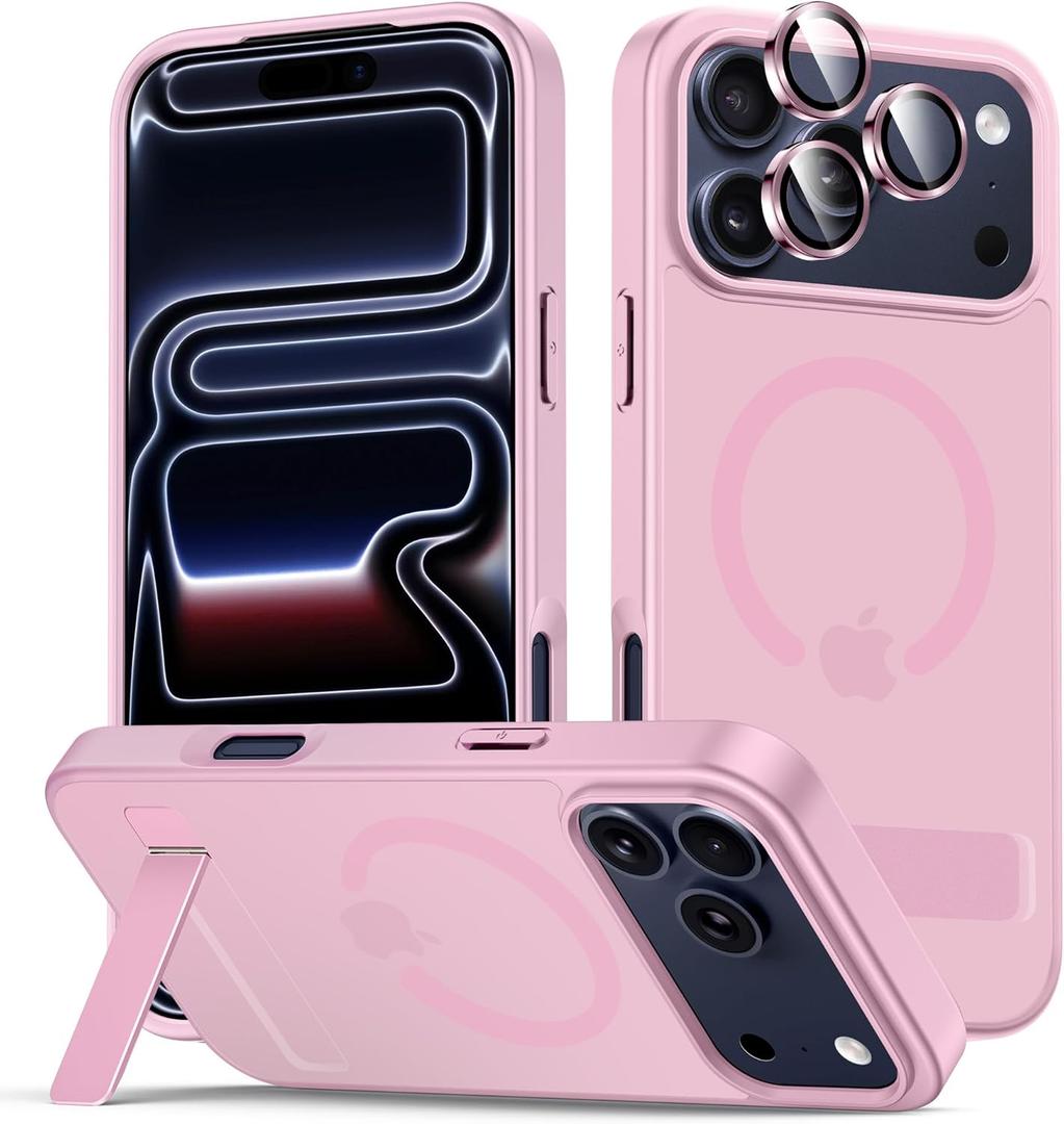 LEKEVO for iPhone 17 Pro Case with Stand, Compatible with MagSafe, Camera Lens Protector, Translucent Matte Slim Silicone Shockproof Magnetic Phone Cover, Pink