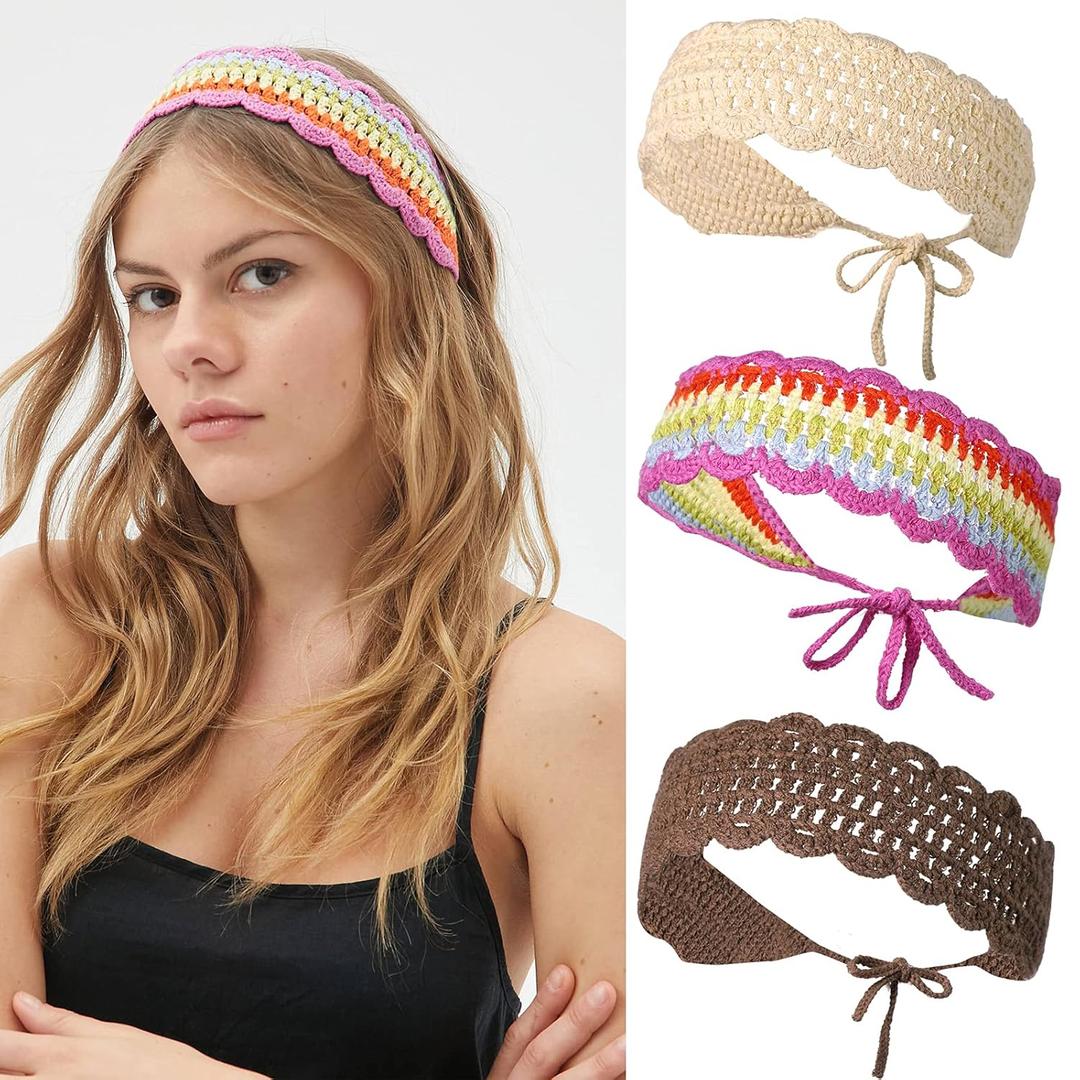 CHLINS Hairband, 3PCS Crochet Headband Women Floral Hairband - Elastic Handmade Crochet Head Wrap Bohemian knit Headband for Women and Girls(Rainbow, Beige, Dark Coffee)