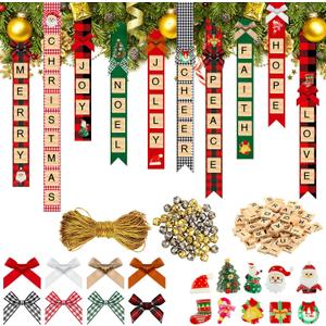 321 Pieces Christmas Tree Ornaments Personalized Crafts Christmas Wooden Capital Letter Tiles Xmas Tree Ornaments Rustic Stockings Name Tags Hanging Bells Ribbon Bowknots Xmas for Kids Adult