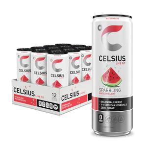 CELSIUS Sparkling Watermelon, Functional Essential Energy Drink 12 Fl Oz (Pack of 12) (EXP 08/01/25)
