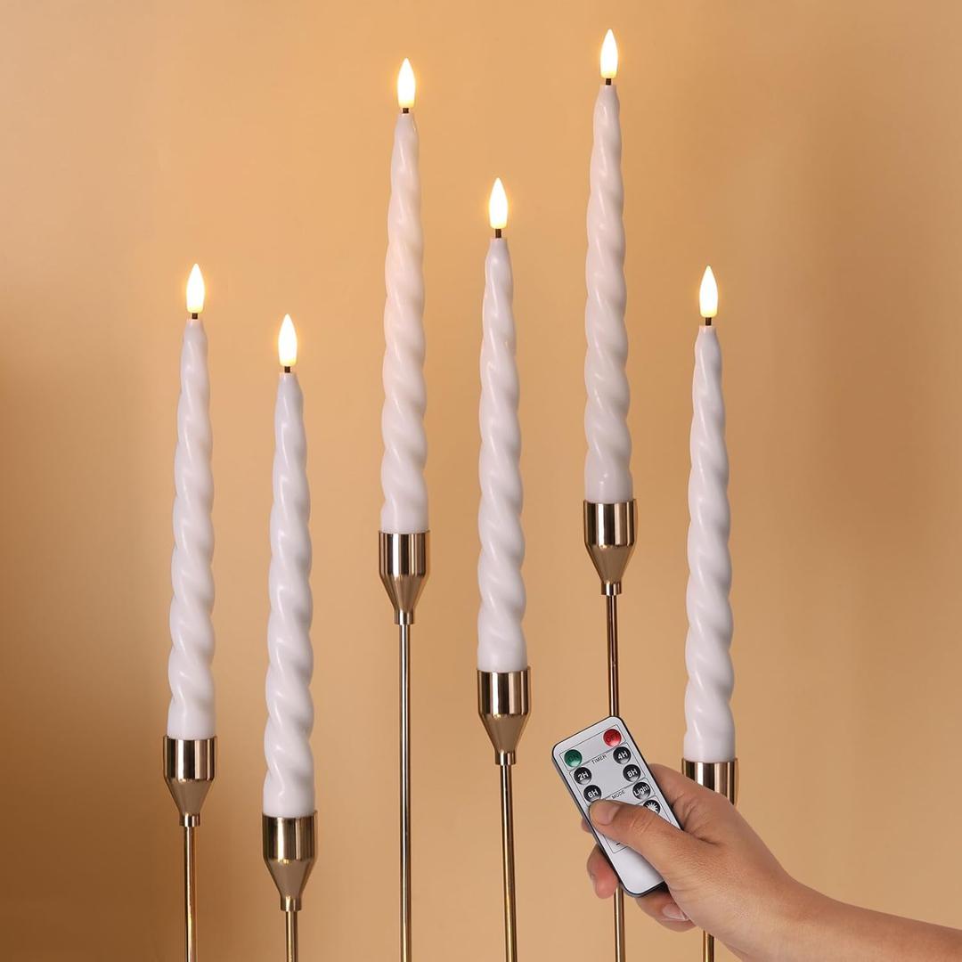 White Flameless Taper Candles with Remote, Spiral Candles Battery Operated, Flickering LED Wax Candlesticks Set of 6