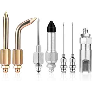 lasuroa 7pcs Grease Gun Accessory Kit, Comprise 2 Grease Nozzle, 1 Needle Tip Dispenser, Rubber Joint Fitting, Straight Nozzle, Elbow Adapter Slotted Coupler Attachments Accessories, for Small Spaces