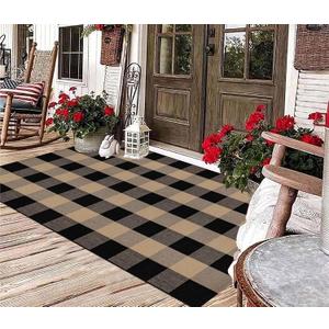 Washable Outdoor Rug 3'x5',Black and Tan Checkered Rug Cotton Woven Washable Farmhouse Front Door Mat Outdoor for Entryway, Patio, Bedroom, Hello Welcome Mat (4'11" x 2'11" (Rectangular))