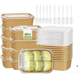 Kaderron 50 Pack 29 OZ Large Paper Bowls with Lidswith Spoons and Forks, Heavy Duty Disposable Meal Prep Containers for Party, Disposable Bowls Bulk Soak-Proof and Microwave Safe for Hot/Cold Use