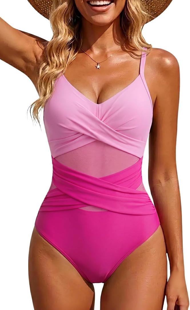 Women’s Mesh One Piece Swimsuits - Tummy Control Cutout Bathing Suit Push Up Slimming Swimwear 2025 (Pink, L)