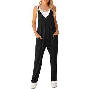 LILBETTER Women's Loose Casual V Neck Sleeveless Jumpsuits Adjustable Spaghetti Straps Long Pants Overalls With Pockets (XX-Large, Black)
