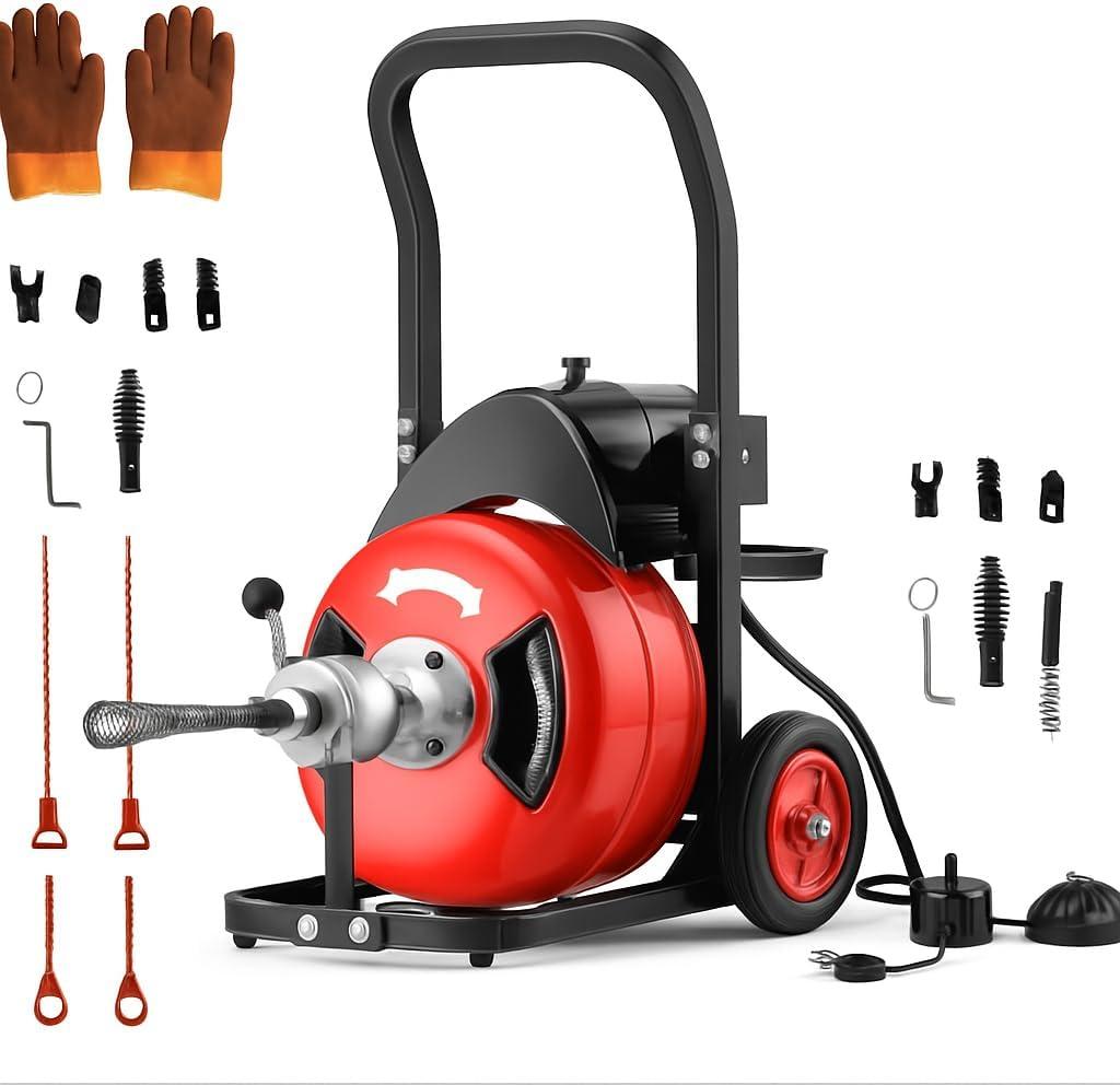 50Ft Drain Cleaning Machine, 450w Portable Drain Auger with Wheels, 1/2" Auto-Feed Drain Snake with 4 Cutters, Electric Sewer Auger for Sink, Toilet, Floor Drain