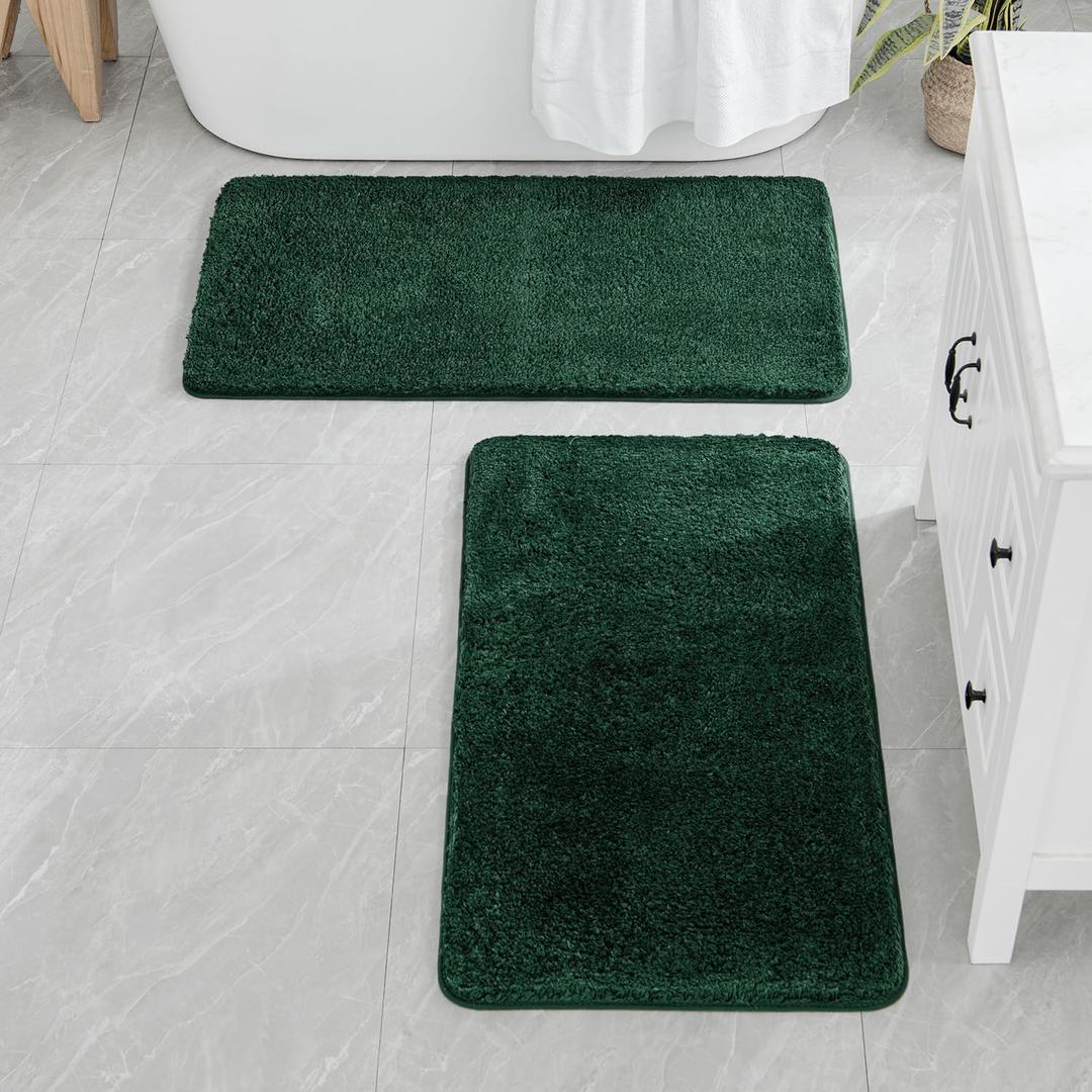 2 x MIULEE Dark Green Bathroom Runner Rugs Set 2 Piece, Soft Absorbent Microfiber Bath Mat Set, Non Slip Quick Dry Washable Plush Shaggy Large Bath Rugs for Bathroom Floor, Tub and Shower, 24x44 inches