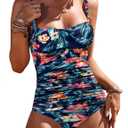 Ekouaer Women's One Piece Swimsuit Ruched Tummy Control Bathing Suits Vintage Retro Push Up Swimwear (Large, Green Flower Red)