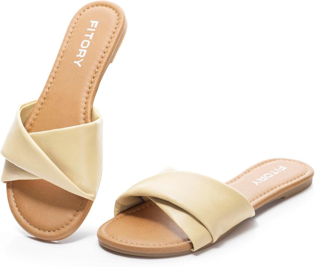 FITORY Women's Flat Sandals Fashion Slides With Soft Leather Slippers for Summer Size 7