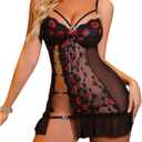 Verdusa Women's Lace Mesh Sheer Cut Out Chemise Nightgown Graphic Sleeveless Babydoll Lingerie (Black, L)