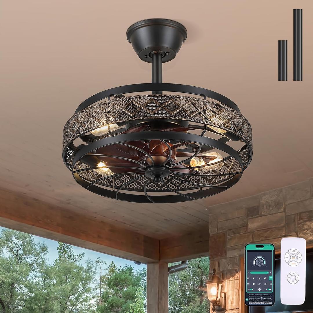 18 inch Black Caged Ceiling Fan with Lights, Bladeless Industrial Ceiling Fan with Remote, 6 Speed, Timing, Farmhouse Fan Lights Ceiling Fixtures for Kitchen, Bedroom