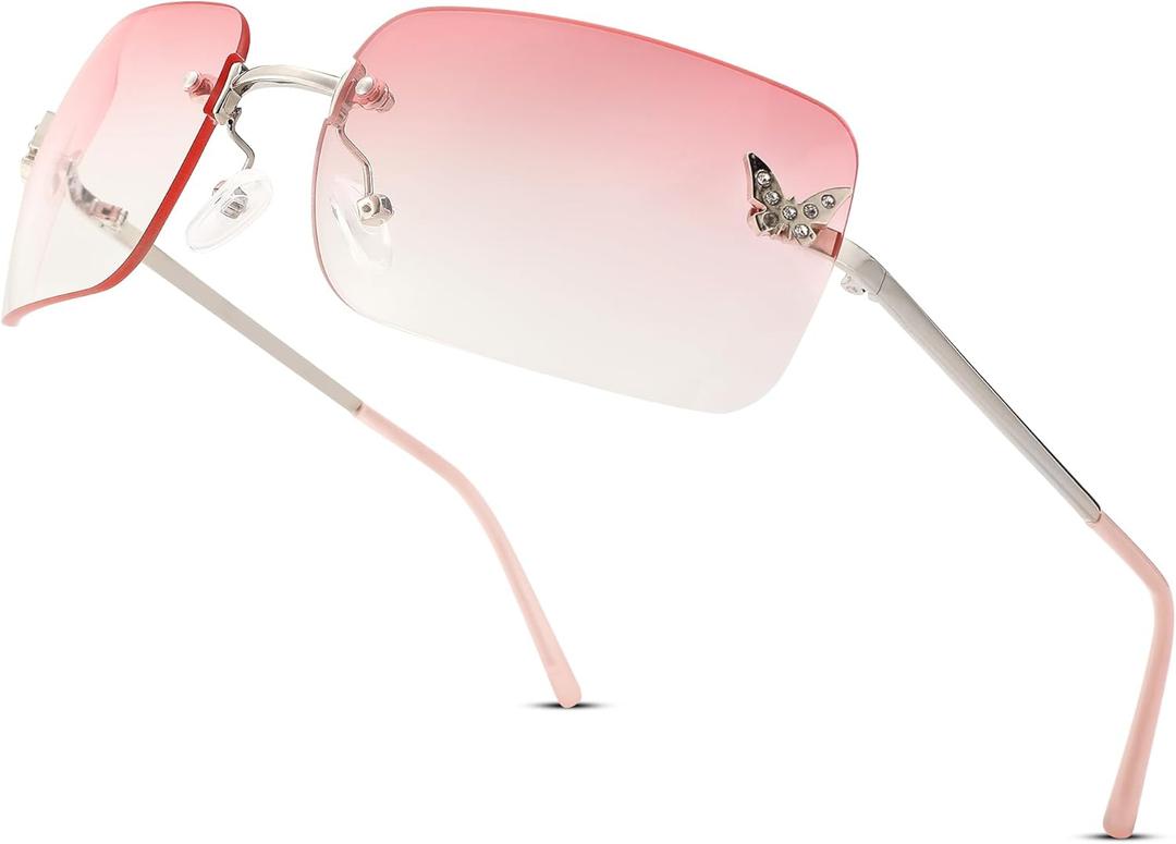 Rectangle Rimless Sunglasses for Women men, Retro Trendy Square Sun Glasses Vintage Shades, idea Christmas gift (C7 Silver/Gradient Pink)