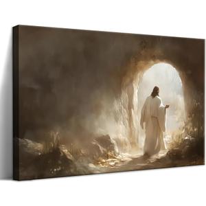 Jesus Leaves the Tomb Canvas Wall Art, Christian Resurrection Savior Wall Decor Paintings, Religion Bible Pictures Posters Prints for Church Prayer Room Living Room Home Decor 24x36 Inch Framed