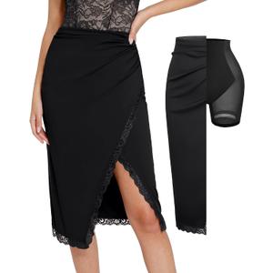 Popilush Midi Skirts for Women Lace Shapewear Split Satin High Waisted Bodycon Long Skirt Built-in Tummy Control (Black, L)