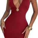 Milumia Women's Metal Ring Deep V Neck Halter Mini Dress Sexy Blackless Bodycon Party Club Short Dresses Burgundy, Large