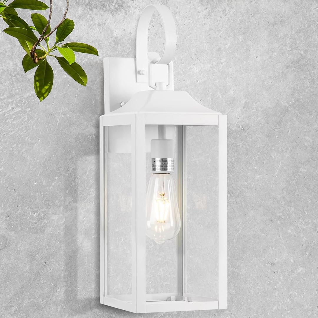 Large Outdoor Wall Lights, 19 Inch White Exterior Light Fixture, Waterproof Front Porch Lighting, Modern Sconces Lantern with Clear Glass Shade for House, Garage
