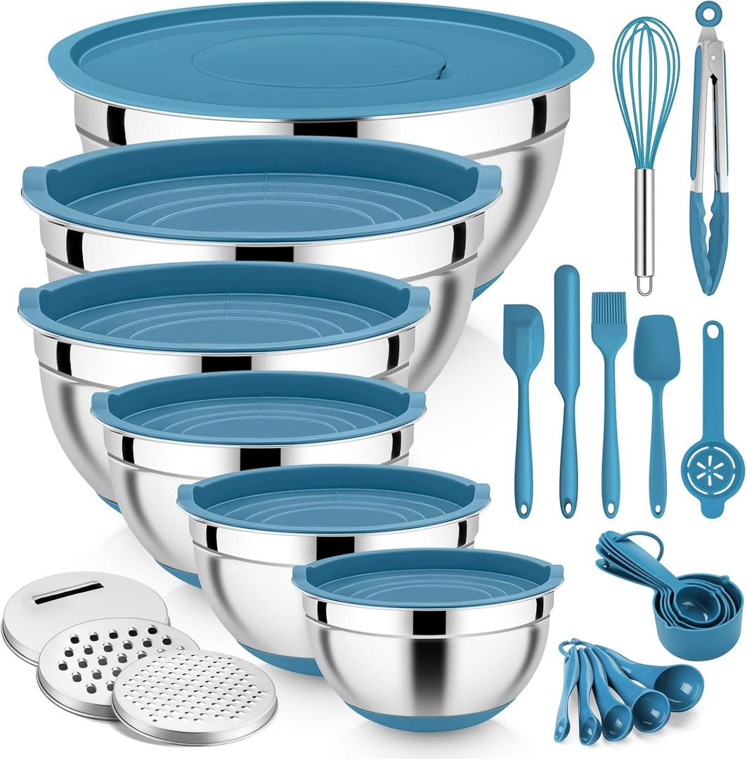E-far 25PCS Mixing Bowls with Lid Set, Stainless Steel Nesting Prep Bowls with Grater Attachments Non-Slip Bottoms for Cooking, Baking, Serving, Food Storage, 4.6/2.6/2/1.5/1/0.7QT - Blue