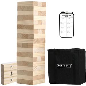 Outdoor Games Large Tower Stacking Game, 54 Wooden Blocks, Stack Up to 4 Ft Tall, Includes Carry Bag and Scoreboard, Backyard and Beach Lawn Yard Fun for Adults and Family (Natural)