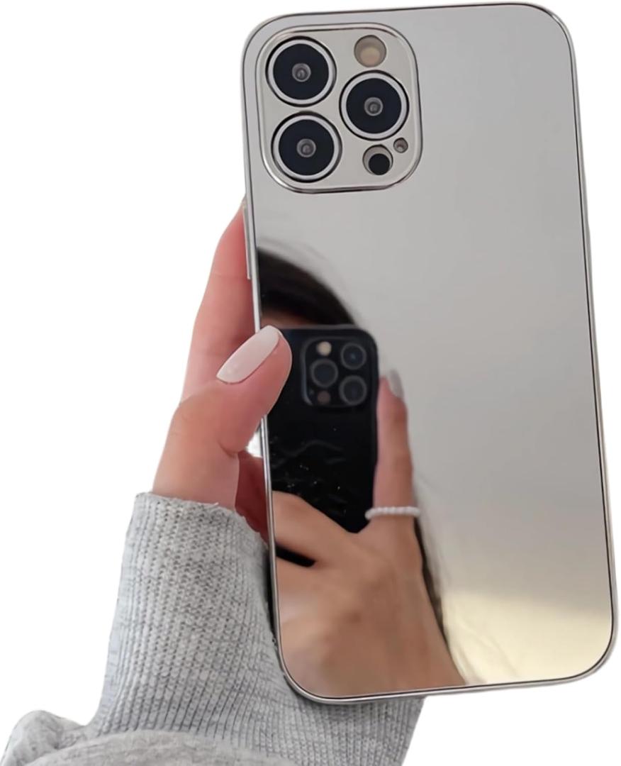 Compatible with iPhone 15 Pro Max Mirror Case for Women Girls Makeup Cute Luxury Glossy Mirror Back Silver Plating Design with Camera Full Protective Shockproof Cover