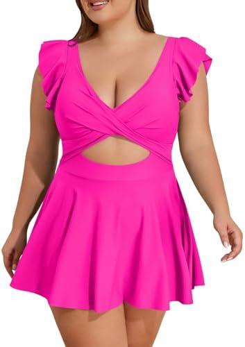 B2prity Women's Plus Size Swimsuit Tummy Control One Piece Swimdress Ruffle V Neck Cutout Wrap Bathing Suit with Skirt 20W