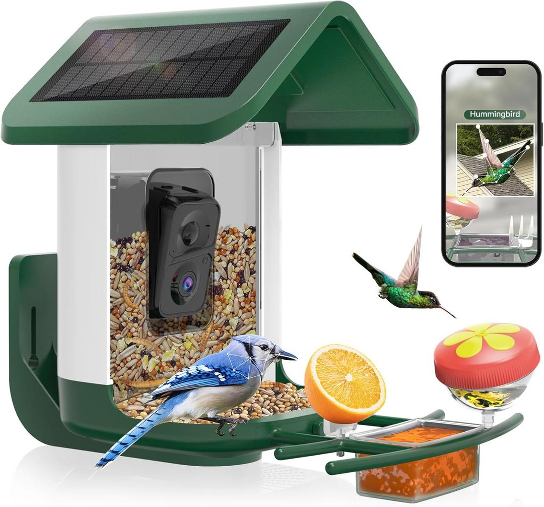 Bird Feeder with Camera Solar Powered : Smart Camera Bird Feeder 2K Live Feed Cam for Outdoor Backyard - Ai Identify Auto Capture Videos Pictures, Gifts for Birdlover Mom Dad, 2.4GHz WiFi (White Green)
