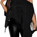 Women's Plus Size Sparkly Shirts Asymmetrical Poncho Top Off The Shoulder Glitter Blouse (X-Large Plus, Black)