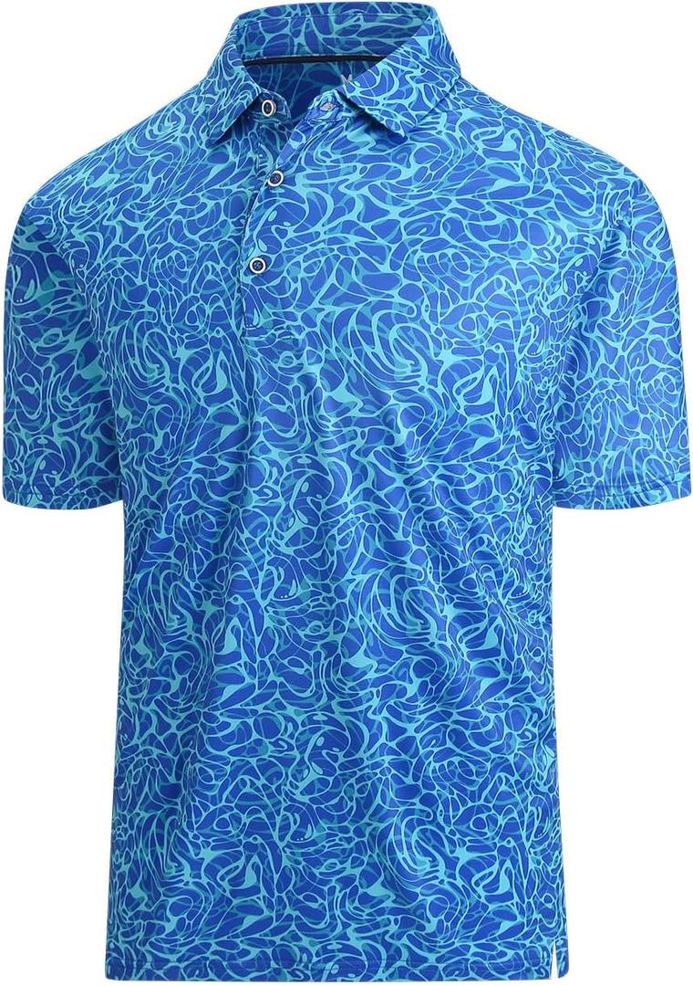 Hodaweisolp Golf Shirts for Men Dry Fit Print Moisture Wicking Performance Short Sleeve Polo Shirt (X-Large, Blue Wave)