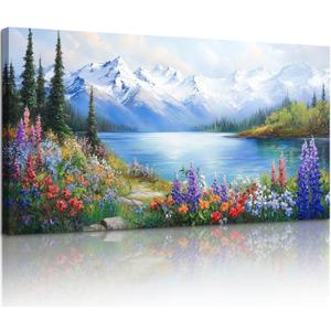 crmotu Lake Wildflowers Large Wall Art, Snow Mountain Forest Wall Decorations, Nature Landscape Canvas Art Prints, Rustic Bright Pictures Wall Decor Living Room Bedroom Farmhouse Kitchen 29x57 Inch